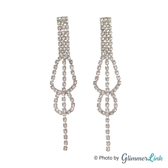 Art Deco Style Long Clear Rhinestones Silver Tone Pierced Earrings - Picture 2 of 5